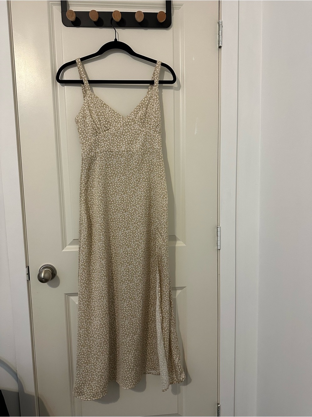 Beige Floral Maxi Dress with Spaghetti Straps